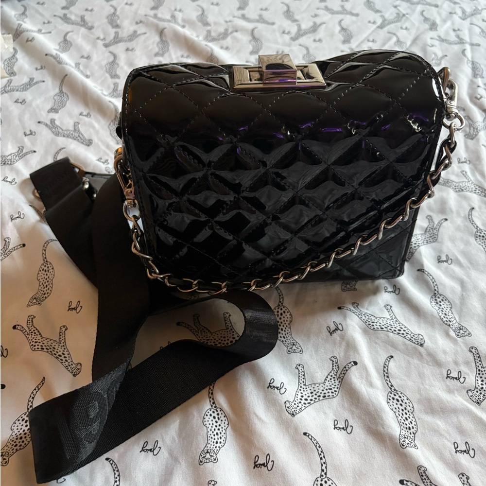 Glossy Black Quilted Crossbody Bag with Chain Strap